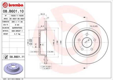 Диск гальмівний FORD C-MAX II 1.6 2.0 2010 - задн. BREMBO 08.B601.10