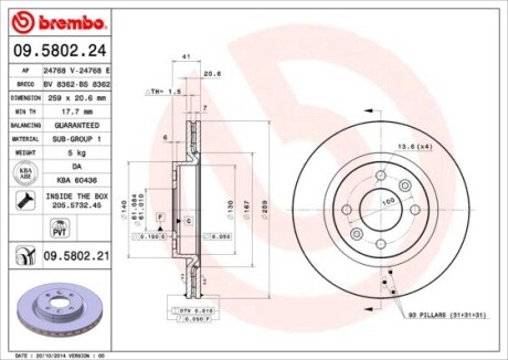 Диск гальмівний RENAULT KANGOO, MEGANE передн., вент. BREMBO 09.5802.24