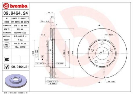 Диск тормозной MAZDA 3,5 передн., вент. (выр-во) BREMBO 09.9464.24