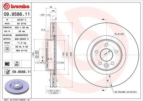 Диск тормозной перед. Volvo V70 XC70 диам.336 BREMBO 09.9586.11