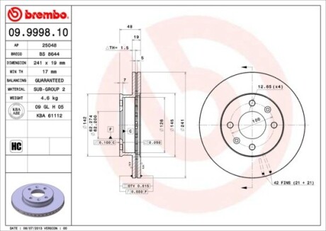 Диск гальмівний HYUNDAI GETZ 1.1I 12V 02.07 - передн. BREMBO 09.9998.10