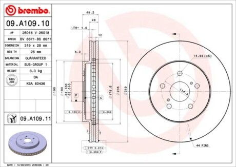 Диск гальмівний TOYOTA LEXUS RX300, 350, 400, 450 передн. BREMBO 09.A109.11