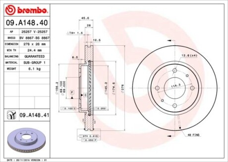 Диск тормозной MITSUBISHI GALANT VI 2.0-2.5 96-04, LANCER 1.3-2.0 03 – передн. (выр-во) BREMBO 09.A148.41