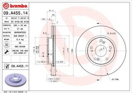 Диск тормозной HONDA CIVIC передн., вент. (выр-во) BREMBO 09.A455.14