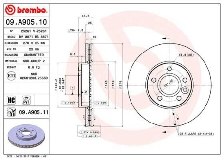 Диск тормозной FORD/VOLVO FOCUS/CMAX/C30 передн. вент. (выр-во) BREMBO 09.A905.10