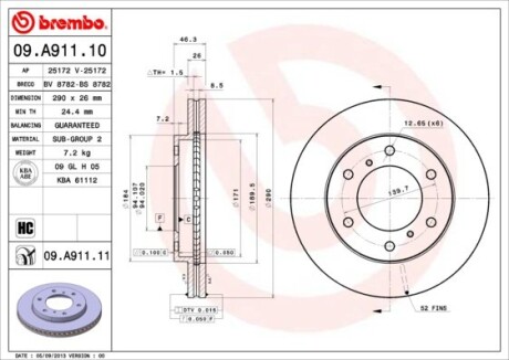 Диск гальмівний MITSUBISHI PAJERO 02 - передн. BREMBO 09.A911.10