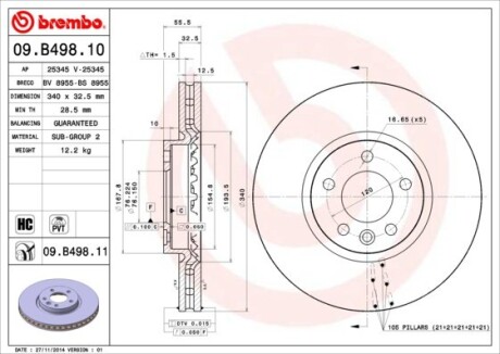 Диск тормозной VW TRANSPORTER V 2.0 03-, MULTIVAN V 09-передн. (выр-во) BREMBO 09.B498.10