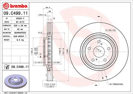 Диск тормозной TOYOTA RAV4 IV 2.0 2.2 2012-,LEXUS RX350 RX450 2008-передн. (выр-во) BREMBO 09.C499.11