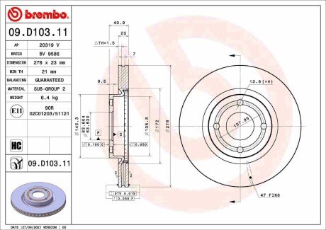 Гальмівний диск BREMBO 09.D103.11