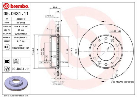 Диск гальмівний BREMBO 09.D431.11 (фото 1)