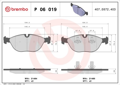 Комплект тормозных колодок BREMBO P06019