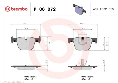 Комплект гальмівних колодок з 4 шт. дисків BREMBO P06072