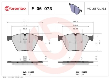 Комплект тормозных колодок из 4 шт. дисков BREMBO P06073