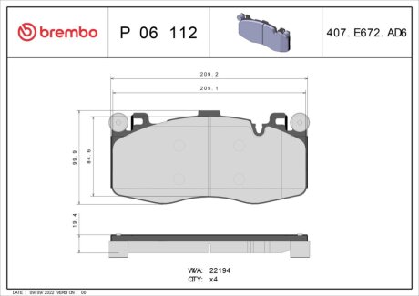 Комплект тормозных колодок из 4 шт. дисков BREMBO P06112