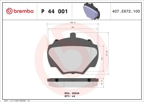 Колодки тормозные дисковые. LAND ROVER Defender 07-16, Discovery I 89-98, Defender 90-06 BREMBO P44001