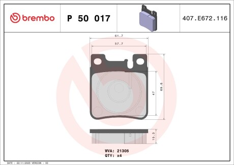 Гальмівні колодки задні CHRYSLER/MERCEDES-BENZ BREMBO P50017 (фото 1)