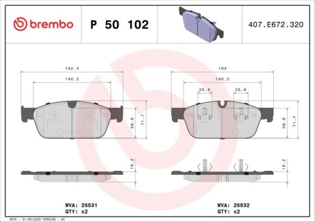 Комплект тормозных колодок из 4 шт. дисков BREMBO P50102X