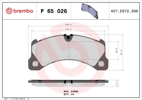 Колодки тормозные дисковые BREMBO P65026