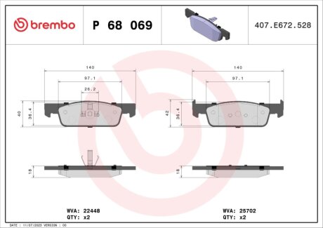 Колодки гальмівні дискові (комплект 4 шт) BREMBO P68069 (фото 1)