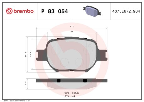 Комплект тормозных колодок из 4 шт. дисков BREMBO P83054