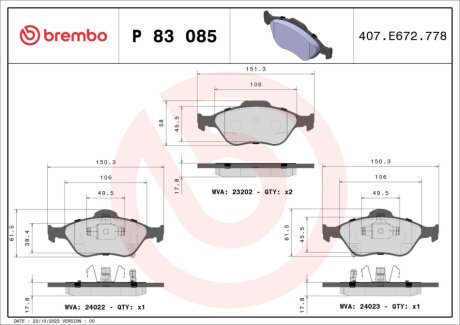 Комплект тормозных колодок BREMBO P 83 085