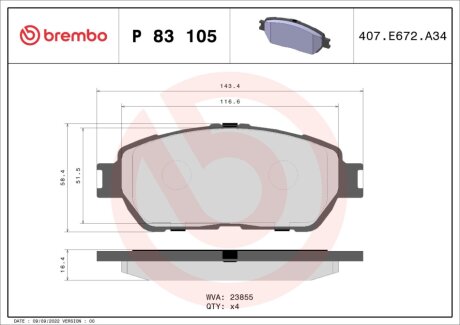 Комплект гальмівних колодок з 4 шт. дисків BREMBO P83105