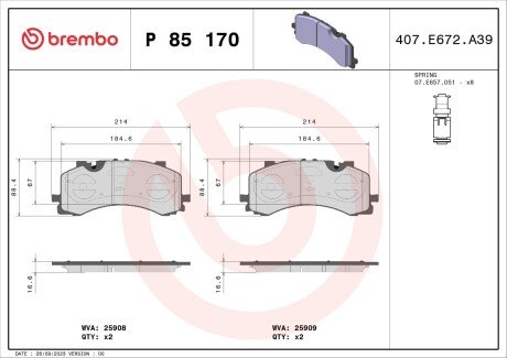 Гальмівні колодки пер. AUDI A6/Q8 18-/A7 17-/Q7 15- BREMBO P 85 170 (фото 1)