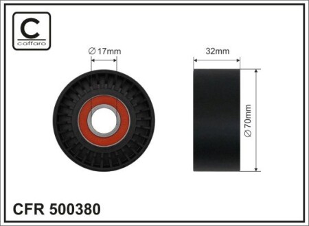 70x17x32 Ролик паска приводного BMW 1 (F20), 1 (F21), 2 (F22, F87), 2 (F23), 3 (F30, F80), 3 (F31), 3 GRAN TURISMO (F34), 4 (F32, F82), 4 (F33, F83), 4 GRAN COUPE (F36), 5 (F10), 5 (F11) 3.0 01.08- CAFFARO 500380 (фото 1)