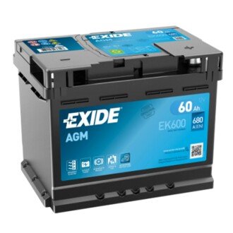 Акумулятор AGM 12 V 60 Ah 680 A R+ (EK600) EXIDE 450200