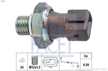 Датчик тиску оливи (0,3 bar) BMW 1/3/5/6/7/X1/X3/X6 85- (кріпл. ПРОВ. НА ДВОЙНОМ ШТЕК.) (7.0071) FACET 70071