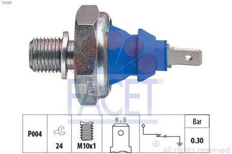 Датчик давления масла (0,3bar/1 конт./голубой)) VW T4/Golf II/III/LT I 1.2-2.5 TDI (7.0108) FACET 70108