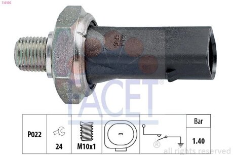 Датчик давления масла (1,2-1,6bar/ 1 конт./черный)) VW T4/Golf IV/Audi A4/A6 1.6-5.0 95-10 (7.0135) FACET 70135