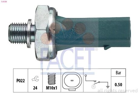 Датчик давления масла (0,5bar/1 конт./зеленый)) VW Caddy III/Golf V 1.0-1.8 95- (7.0139) FACET 70139