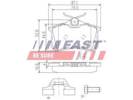 Колодки тормозные дисковые задние VW Golf VI 09-14; AUDI A4 04-08; SKODA Octavia A7 13-19; RENAULT Megane III 09-16; FORD Galaxy 94-06; SEAT Leon 05-12; PEUGEOT Partner 08-; CITROEN Berlingo 96-08; DS DS4 15-18 FAST FT29520