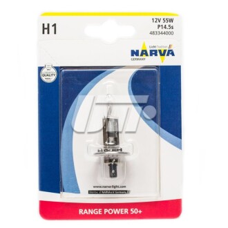 Лампа накаливания H1 12V 55W P14,5S RANGE POWER +50 (Blister 1шт) (выр-во) NARVA 48334B1