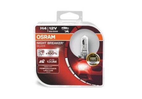 Лампа фарна H4 12V 60/55W P43t NIGHT BREAKER SILVER (+100) компл OSRAM 64193NBS-HCB