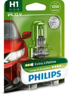 Автолампа LongLife EcoVision H1 P14,5s 55 W прозрачная PHILIPS 12258LLECOB1