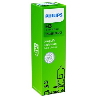 Лампа розжарювання H3 12V 55W PK22s LongerLife Ecovision PHILIPS 12336LLECOC1