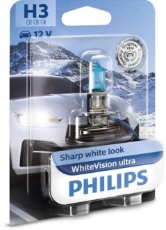 Лампа розжарювання H3 WhiteVision ultra 12V 55W P14,5s (+60) (3900K) 1шт. blister PHILIPS 12336WVUB1