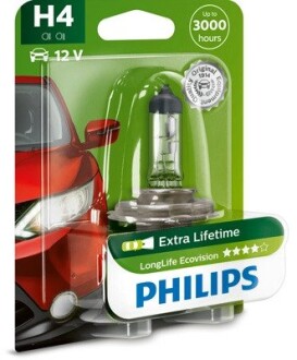 Лампа розжарювання H4 12V 60/55W P43t-38 LongerLife Ecovision 1шт blister PHILIPS 12342LLECOB1 (фото 1)