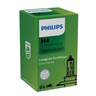 Лампа розжарювання H4 12V 60/55W P43t-38 LongerLife Ecovision PHILIPS 12342LLECOC1