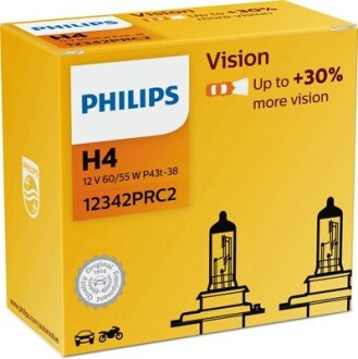 Лампа розжарювання H4 12V 60/55W P43t-38 Vision +30 (2шт. комп.) PHILIPS 12342PRC2