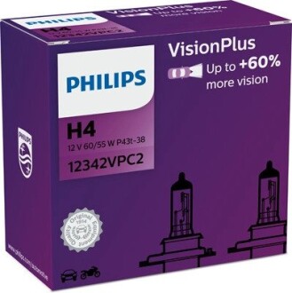 Лампа розжарювання H4 VisionPlus (+60) 12V 60/55W P43t-38 2шт PHILIPS 12342VPC2 (фото 1)