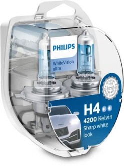 Лампа розжарювання H4 12V 60/55W WhiteVision ULTRA +60 (4200K) (компл) PHILIPS 12342WVUSM