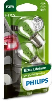 Лампа розжарювання P21W 12V 21W BA15s LongerLife EcoVision 2шт blister PHILIPS 12498LLECOB2