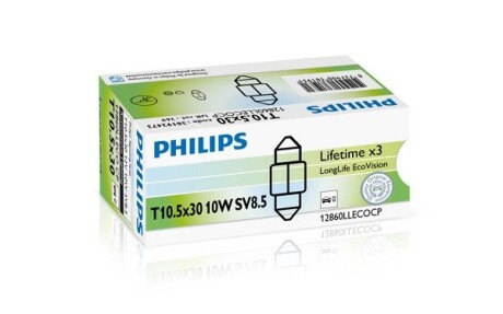 Лампа розжарювання 12V 10W T10,5x30 SV8,5 LongerLife EcoVision PHILIPS 12860LLECOCP