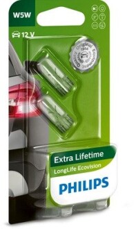 Лампа розжарювання W5W 12V 5W W2,1X9,5d LongerLife EcoVision 2шт blister PHILIPS 12961LLECOB2