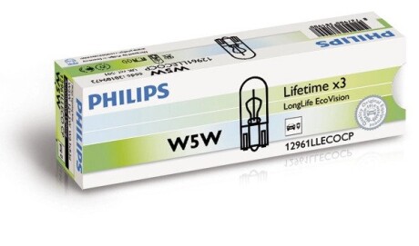 Лампа розжарювання W5W 12V 5WW2,1X9,5d LongerLife EcoVision PHILIPS 12961LLECOCP