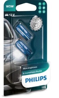 Лампа розжарювання W5W X-tremeVision Pro150 (+150) 12V 5W W2, 1x9, 5d 2шт. blister PHILIPS 12961XVPB2