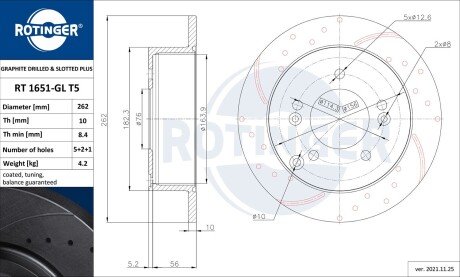 Диск тормозной задний (кратно 2) Hyundai Sonata V, Elantra IV / Kia Magentis II [262X61.] (RT 1651-GL T5) ROTINGER RT1651GLT5